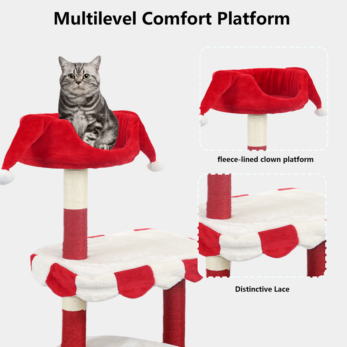 Cat Tree with Cozy Perch & Scratching Posts - Red & White Design Multi-Level Cat Furniture for Kittens/Cats to Climb, Re