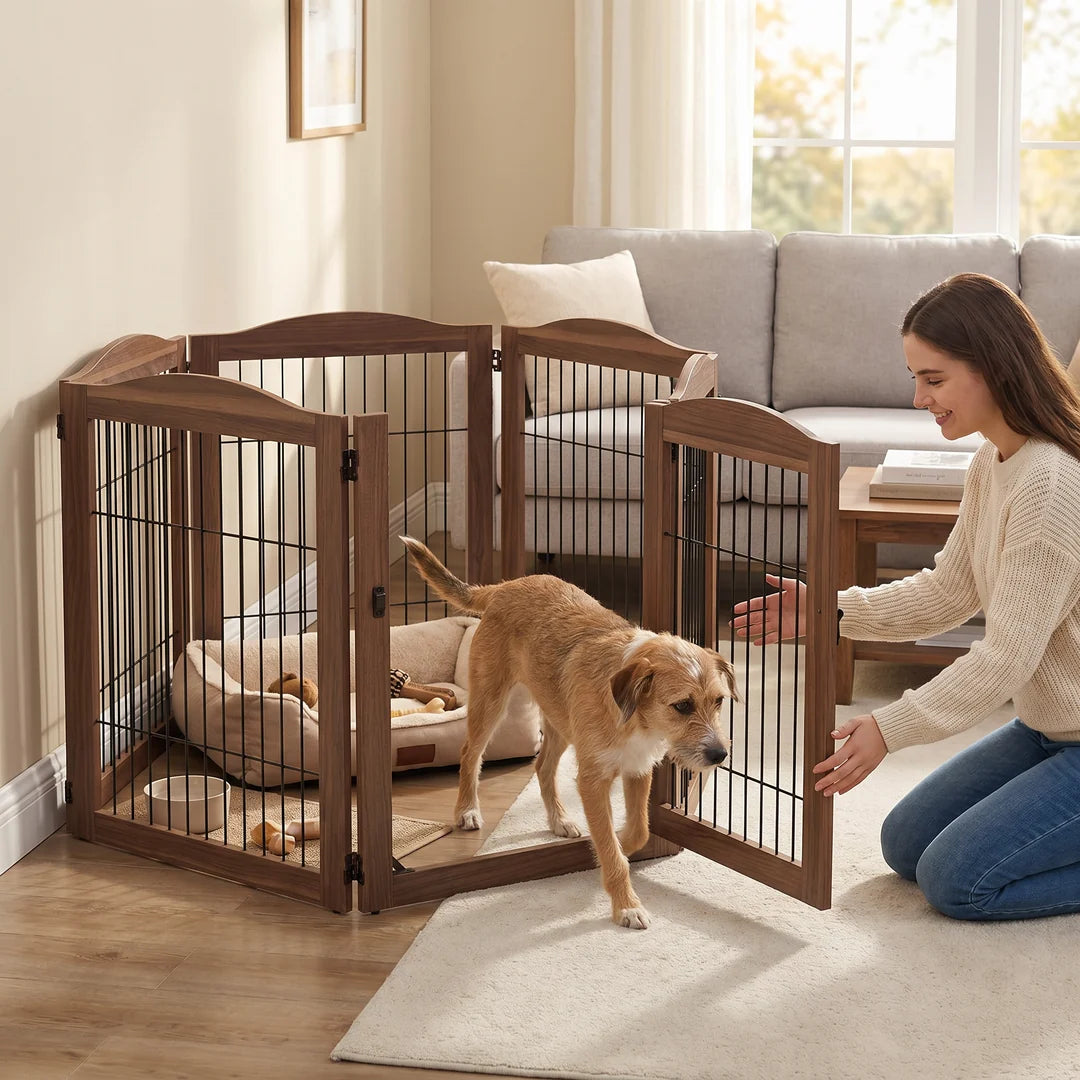 6-Panel Freestanding Solid Wood Dog Gate with Lockable Door, 132"L x 31.5"H – Foldable Pet Gate & Playpen, No Wall Mounting Required