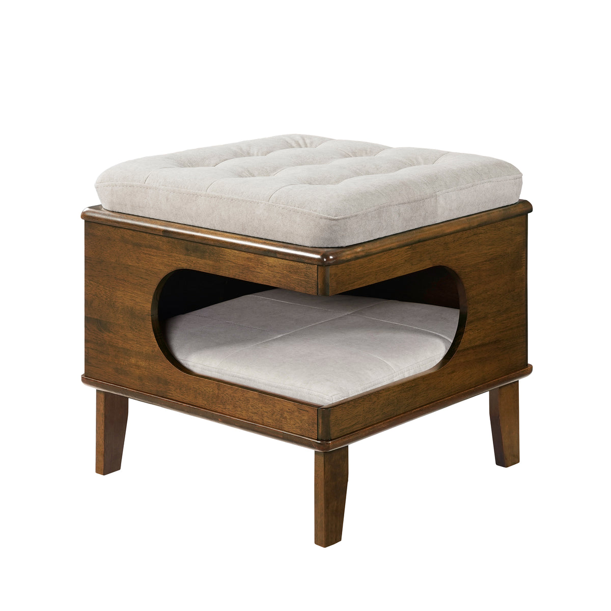 Letitia Rubber Wood Cat Bed Ottoman, 2-in-1 Tufted Pet Ottoman with Cat Cave, Multi-Functional Footstool with Cat Hideaw