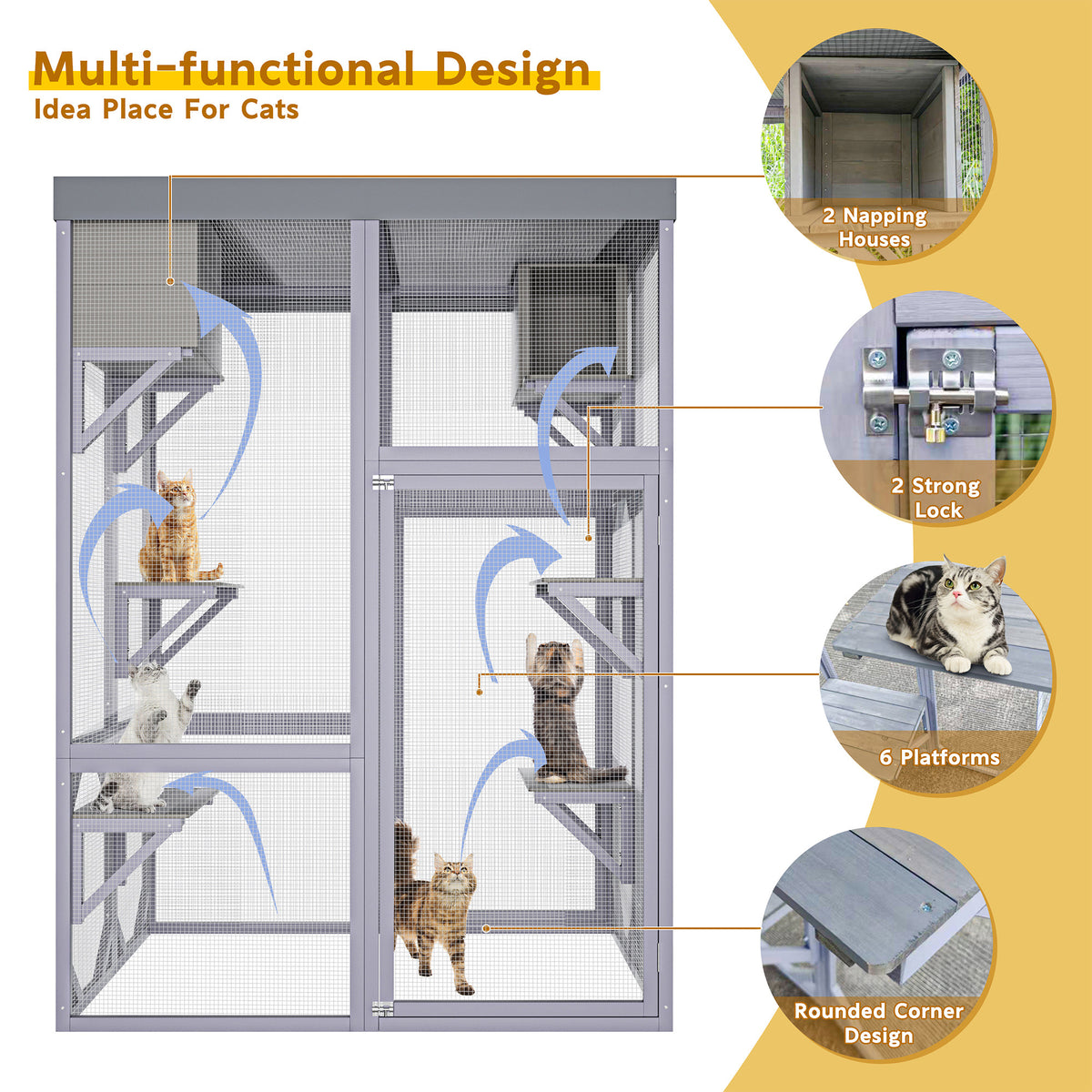 Outdoor Wooden Catio Multi-functional Cat Enclosure, 4 Platforms & 2 Napping Houses, 2 Strong Locks, Rounded Corner, Ste