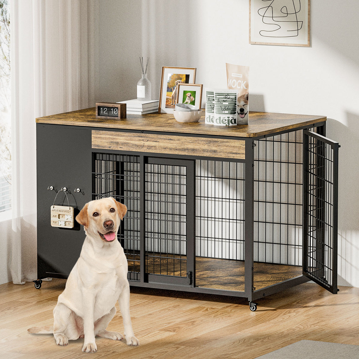 42-Inch Double Wide Wooden Double-Door Dog Crate Side Table Combo - Heavy-Duty DIY Assembly, Chew-Resistant Construction