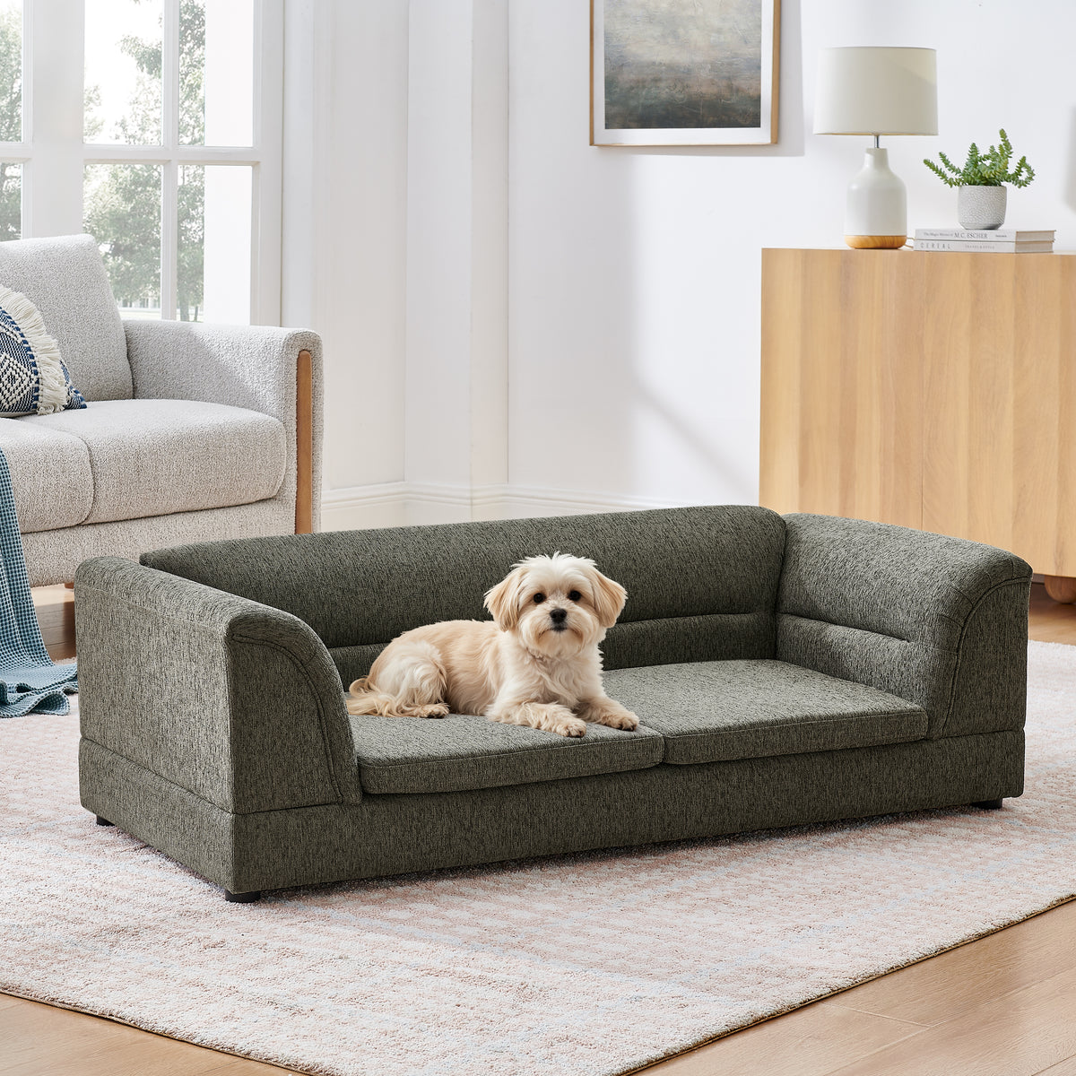 Oversized Pet Sofa, Curved Armrest Rectangular Dog Sofa, Linen Fabric Comfort Pet Couch for Large & Oversized Dogs-Dark 