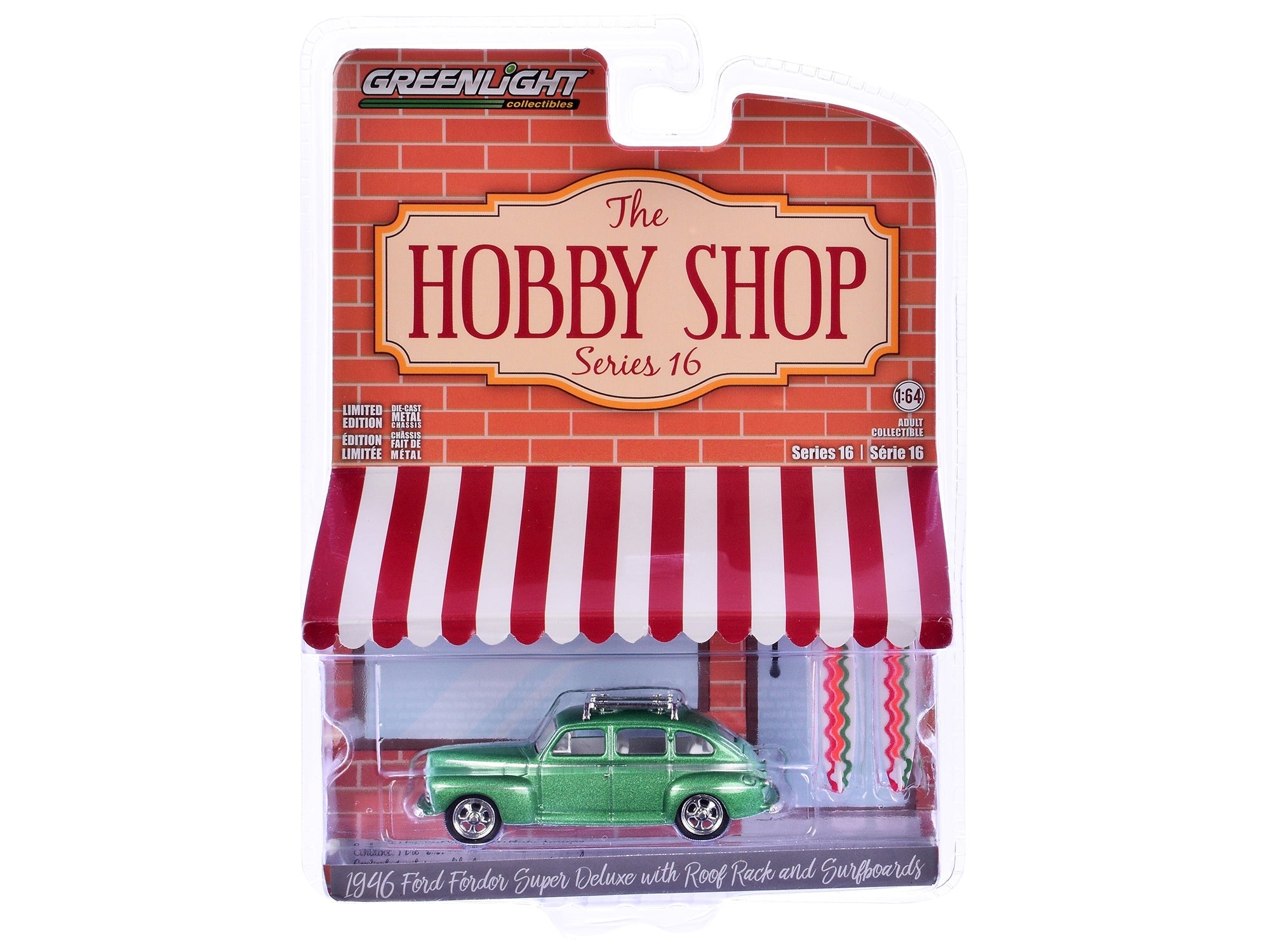1946 Ford Fordor Super Deluxe Green Metallic with White Interior and Roof Rack with Surfboards "The Hobby Shop" Series 16 1/64 Diecast Model Car by Greenlight