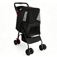 Foldable Pet Stroller for Small Dogs and Cats Under 28 lbs with Multi-Functional Tray, 2 Safety Leashes, Storage Basket 