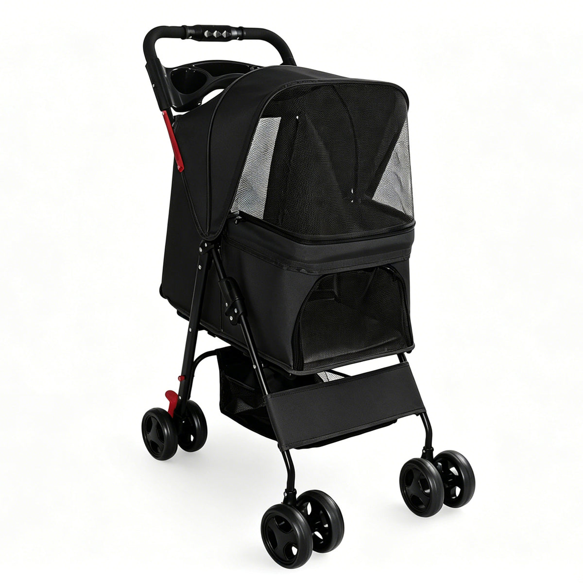 Foldable Pet Stroller for Small Dogs and Cats Under 28 lbs with Multi-Functional Tray, 2 Safety Leashes, Storage Basket 