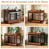 46in Large Dog Crate Furniture, Double Door Wooden Indoor Dog Kennel Furniture, Decorative Pet Cage End Table With Wheel