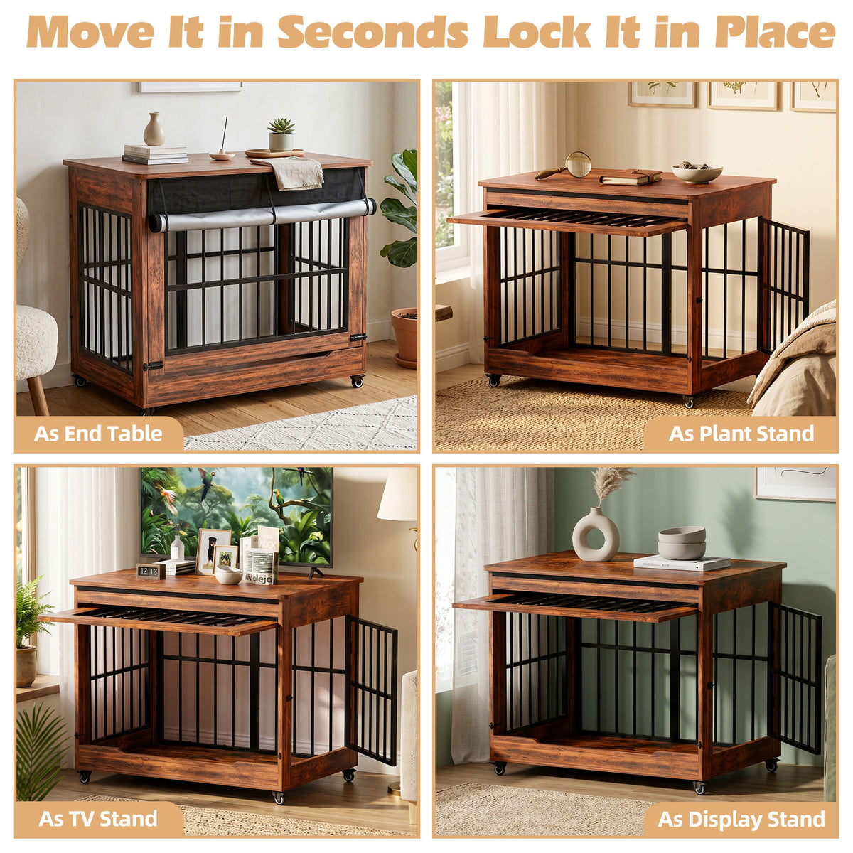 46in Large Dog Crate Furniture, Double Door Wooden Indoor Dog Kennel Furniture, Decorative Pet Cage End Table With Wheel