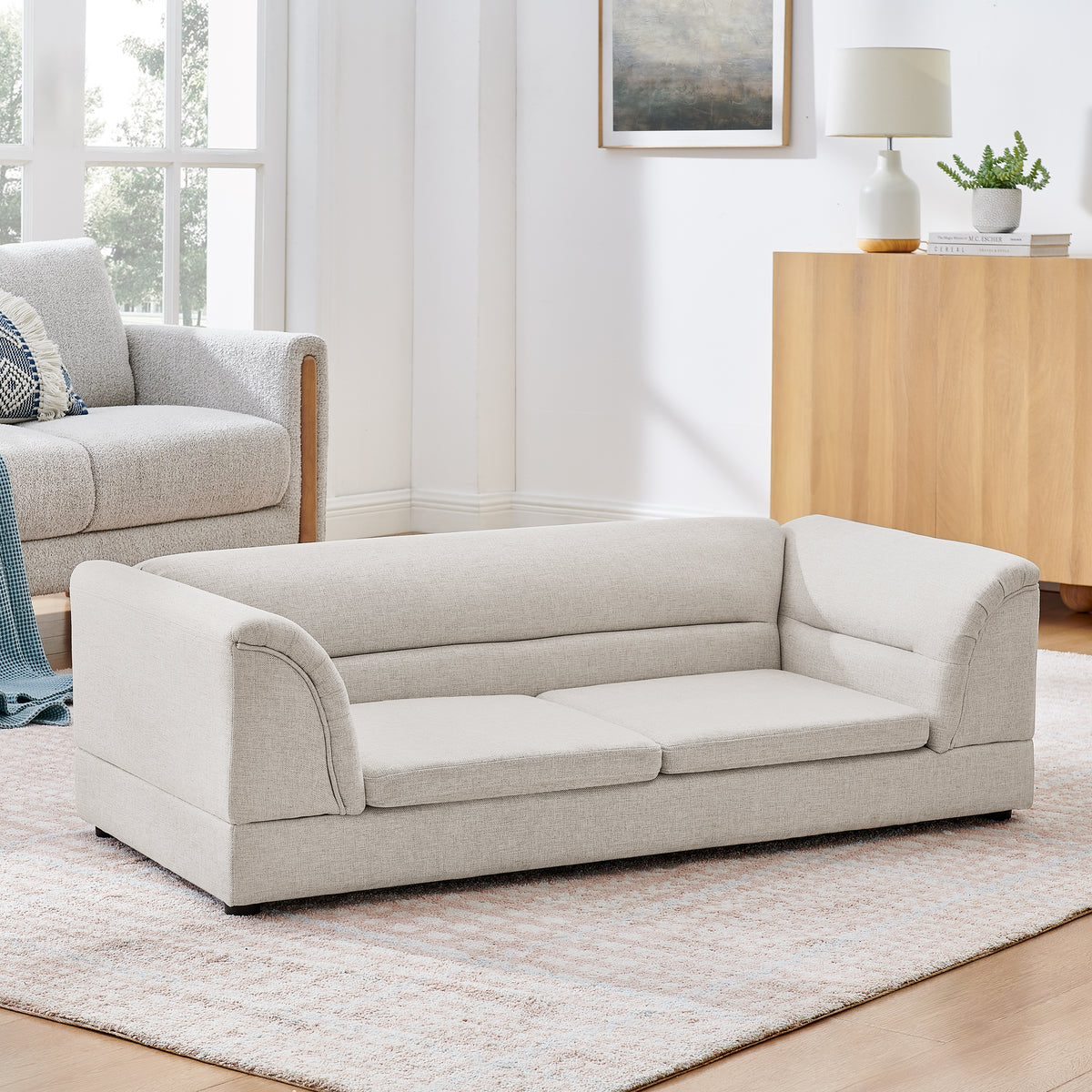 Oversized Pet Sofa, Curved Armrest Rectangular Dog Sofa, Linen Fabric Comfort Pet Couch for Large & Oversized Dogs-Beige