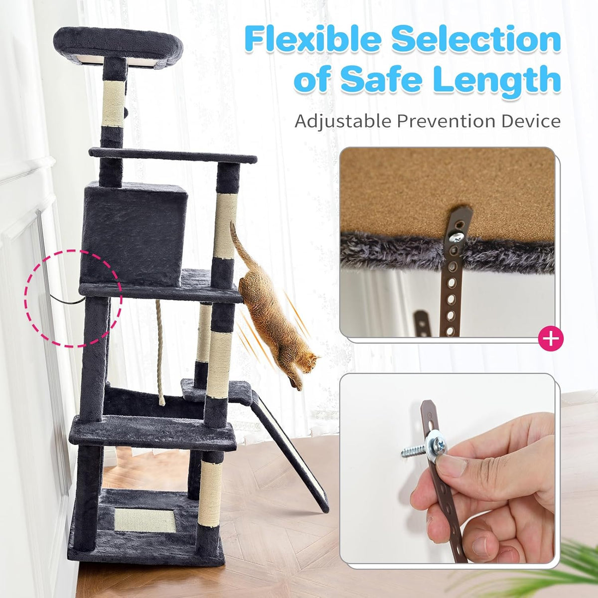 ABCPET 63-inch Multi-level Cat Climbing Frame, Indoor Cat Sisal Scratch Post, Cat Bed, Hammock, Hanging Ball, Extension 