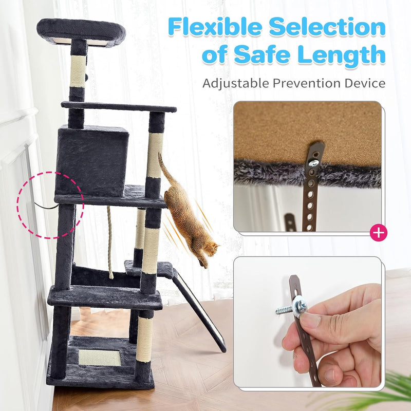 ABCPET 63-inch Multi-level Cat Climbing Frame, Indoor Cat Sisal Scratch Post, Cat Bed, Hammock, Hanging Ball, Extension 