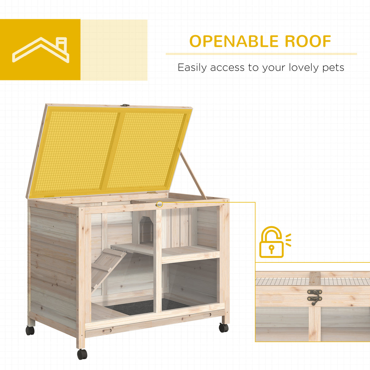Rabbit Hutch with Wheels, Desk and Side Table Sized, Wooden Rabbit Cage, Waterproof Small Bunny Cage with Removable Tray