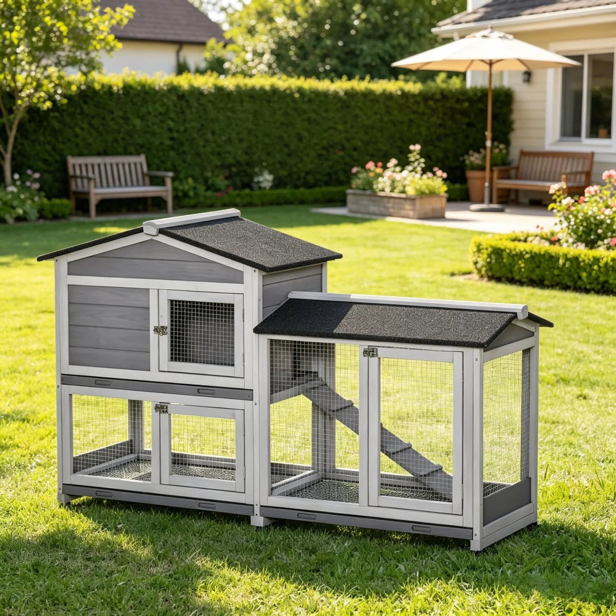 62 Inch Indoor Outdoor Wooden Rabbit Hutch with Wheels Run Box Slide-out Tray and Ramp