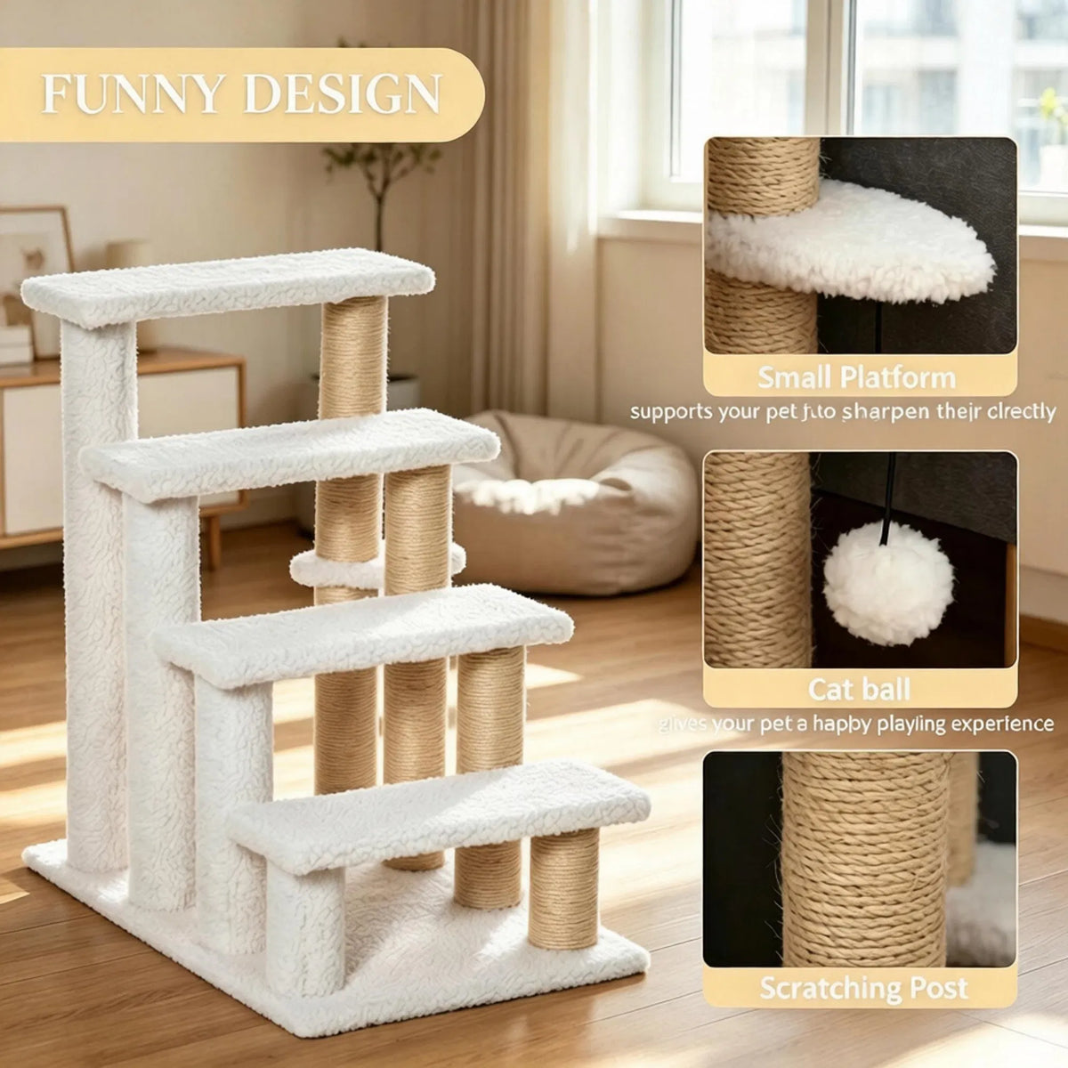 4 Levels Cat Steps with Scratching Posts for High Bed, Sofa, Non-slip Sturdy Pet Climbing Ladder for Indoor Cats, White