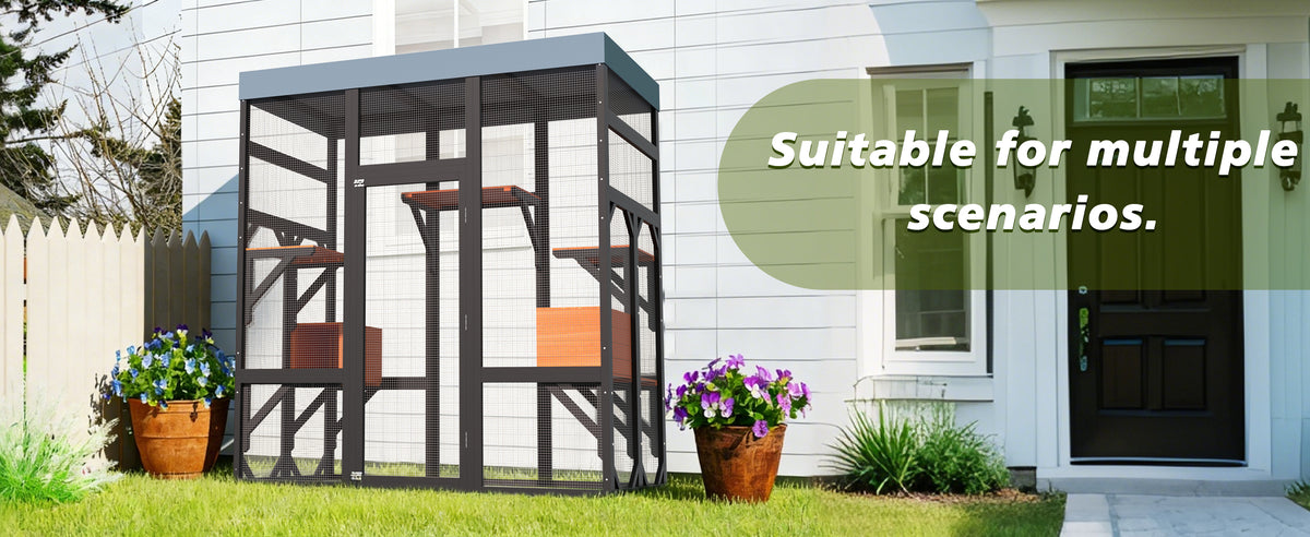 Large Outdoor Cat Enclosure Catio with 5 Platforms & 2 Napping Houses, Secure Metal Wire, Easy Assembly for Indoor & Out