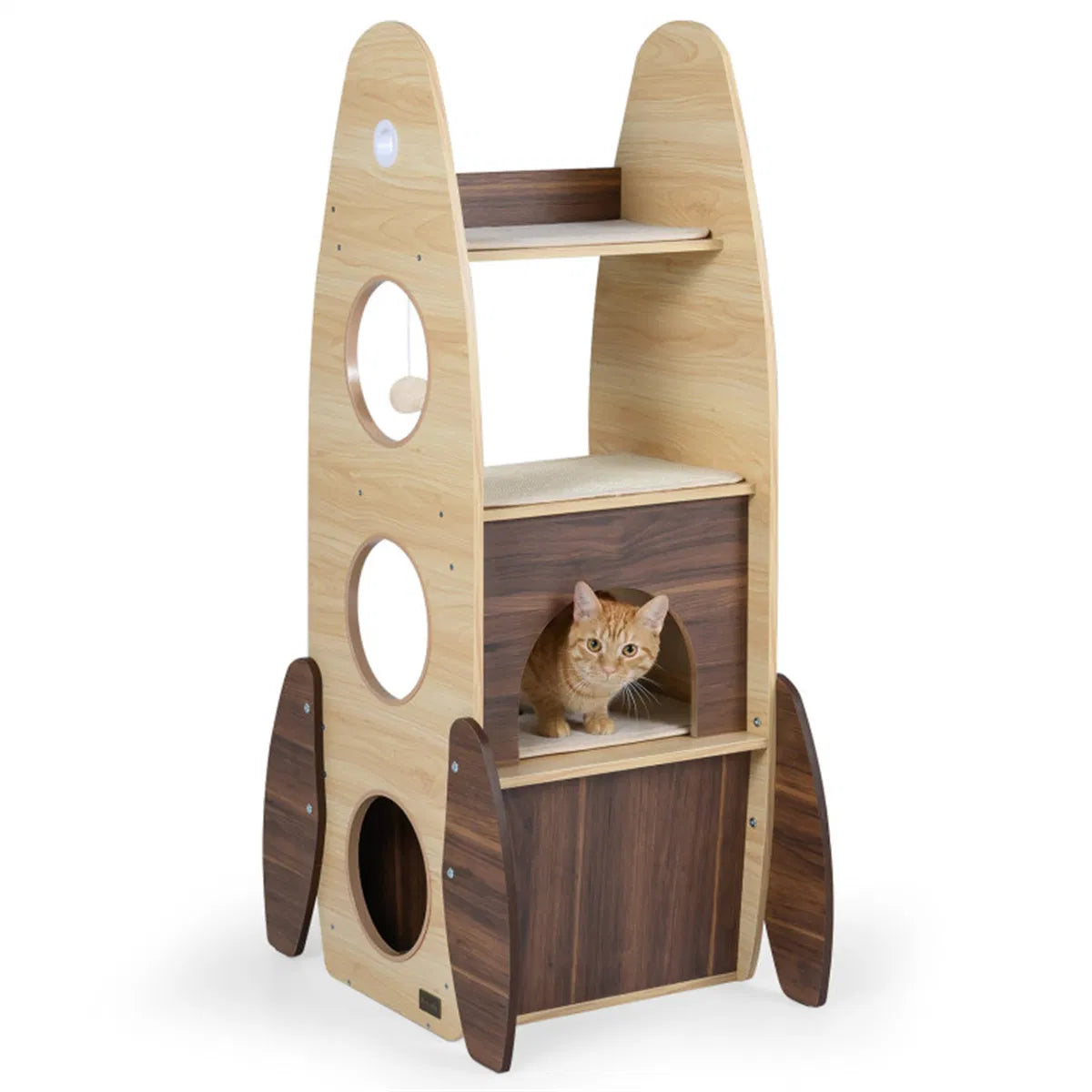 4-Tier Rocket Shape Cat Tree with 2-Tier Condo Sisal Scratch Pad Hanging Pompom Natural+White