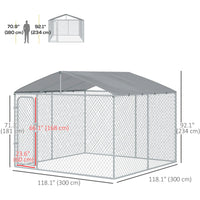 Dog Kennel Outdoor Run Fence with Roof, Steel Lock, Mesh Sidewalls for Backyard & Patio, 9.8' x 9.8' x 7.7'