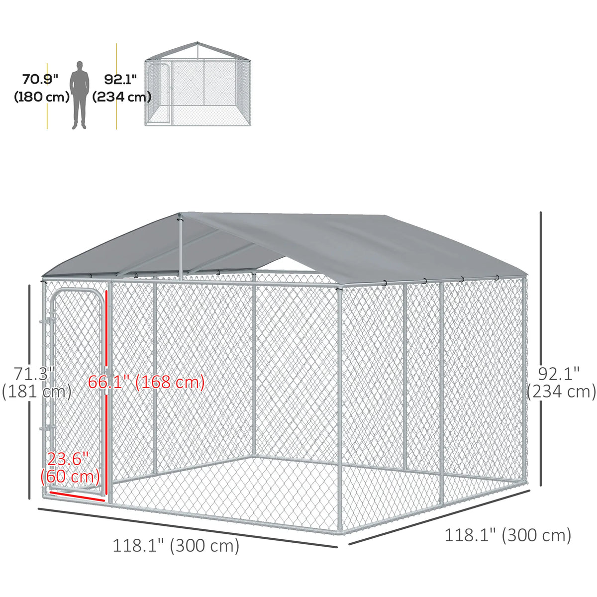 Dog Kennel Outdoor Run Fence with Roof, Steel Lock, Mesh Sidewalls for Backyard & Patio, 9.8' x 9.8' x 7.7'
