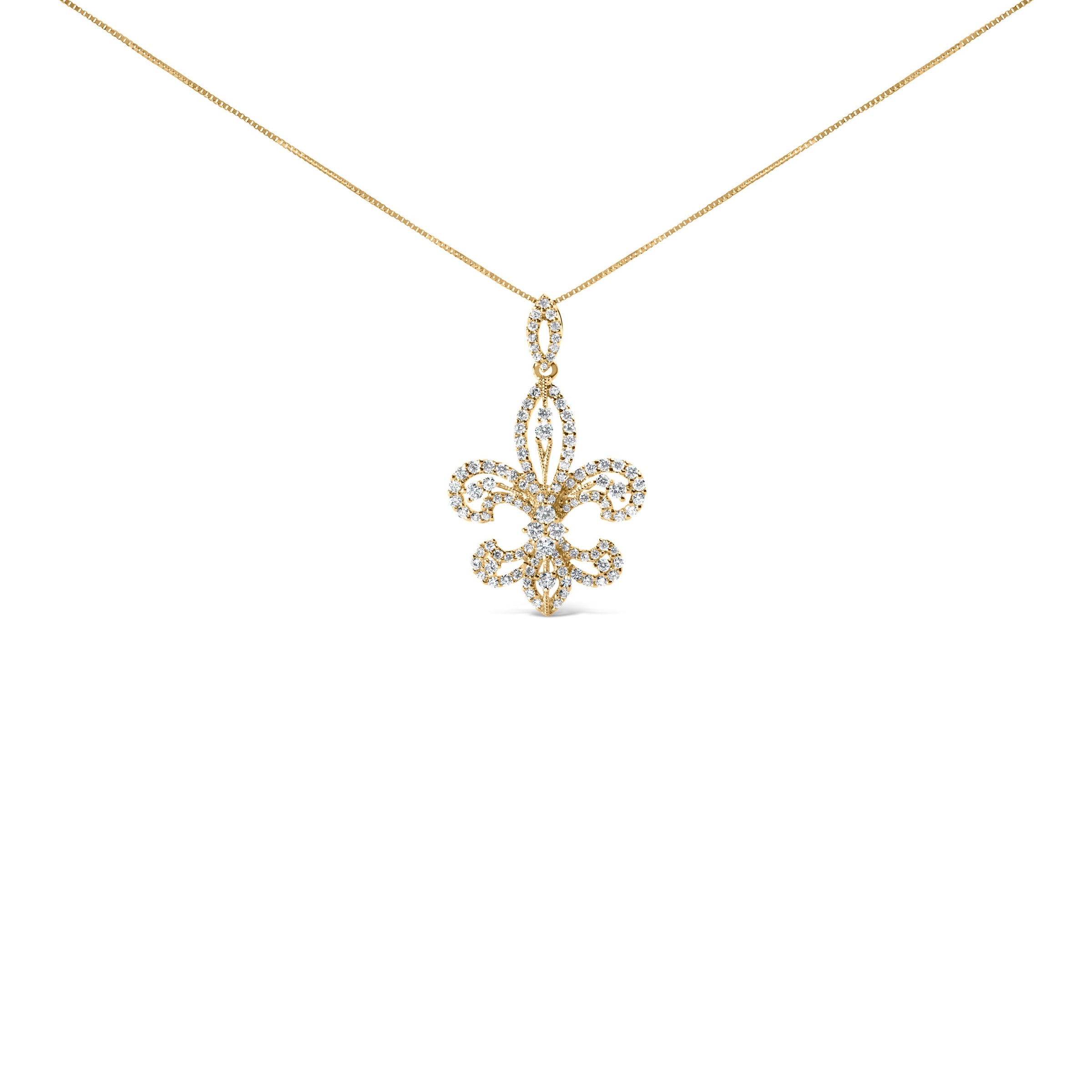 14K Yellow Gold 1.00 Cttw Round Diamond Fleur De Lis 18" Pendant Necklace (H-I Color, SI2-I1 Clarity)