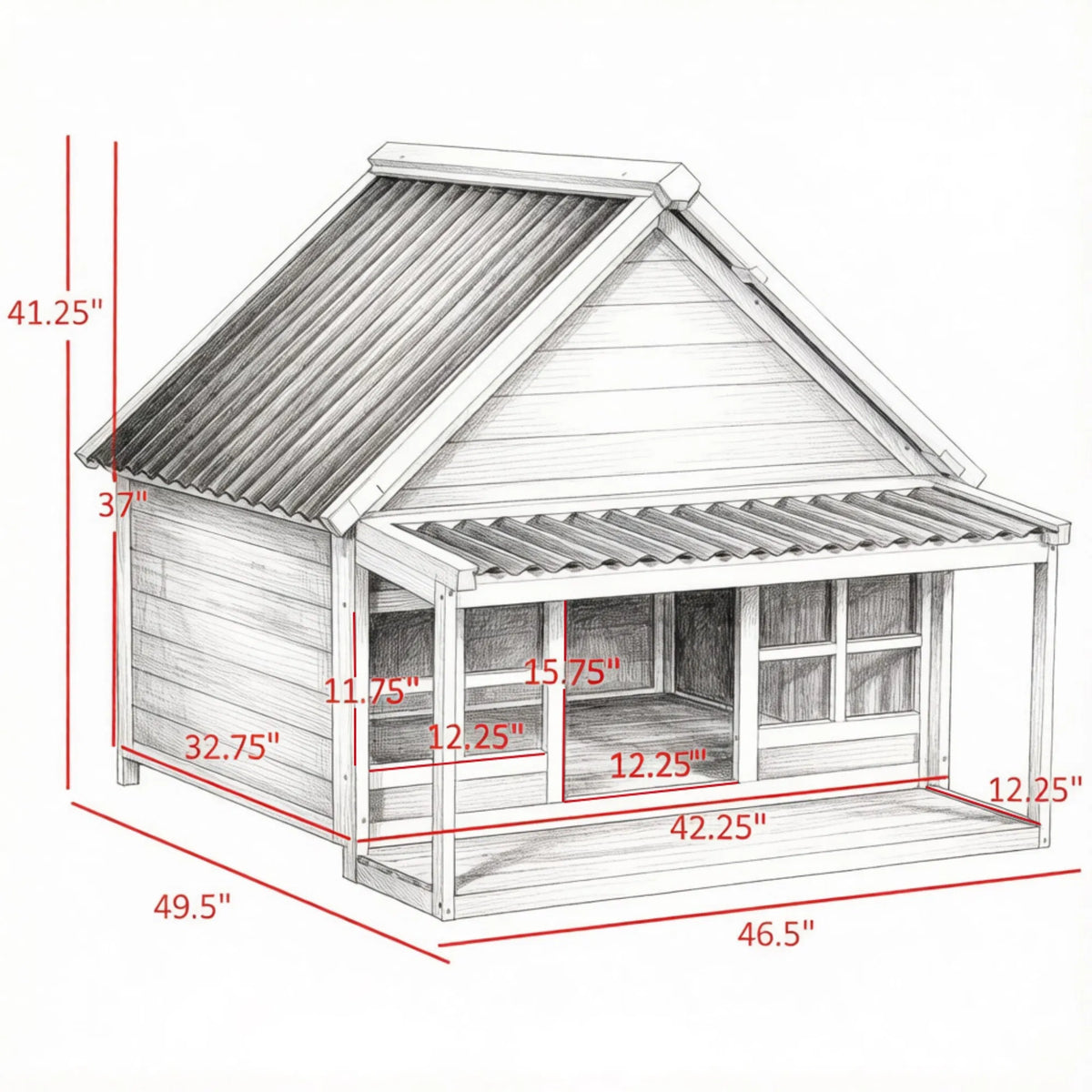 Wooden Dog House with Porch, Outdoor Weatherproof Dog House with Tilt Roof, Front Door and Windows, for Medium and Large