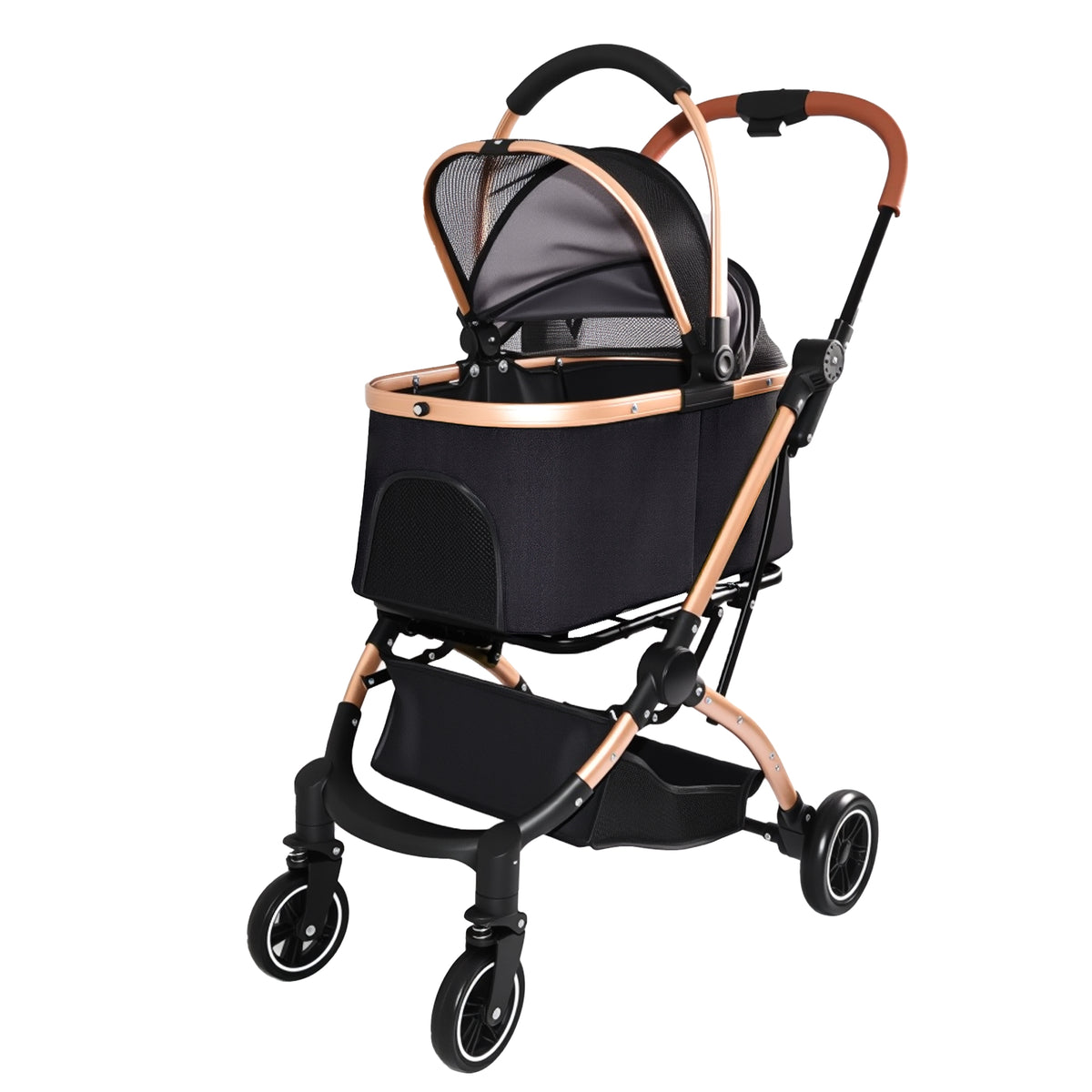 Pet Stroller for Dogs and Cats, 2-in-1 Detachable Foldable 4 Wheels Pet Stroller, Quick One-Hand Fold, Storage Basket, D