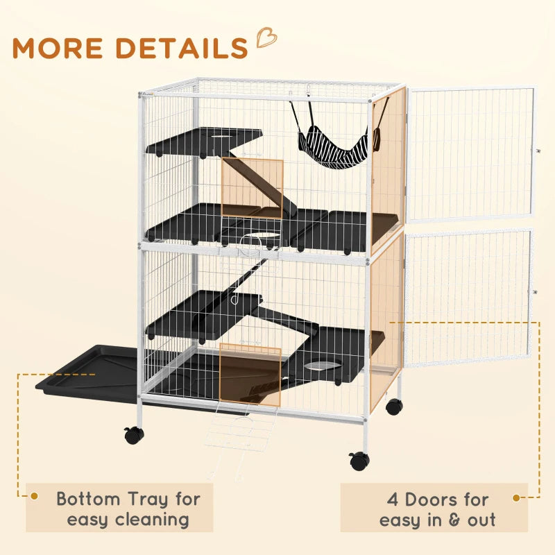 Rolling Small Animal Cage With Hammock, Ferret Cage, Chinchilla Cage, Pet Habitat, WIth 4 Doors, Removable Tray