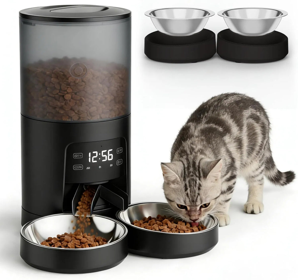 6L Automatic Cat Feeder for 2 Cats, Timed Cat Food Dispenser with 2 Stainless Bowls, 10s Voice Recorder, Dual Power Supp