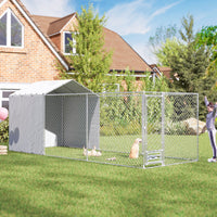 Galvanized Chain Link Large Outdoor Dog Kennel with Waterproof & UV-Resistant Cover, for M&L Dogs, 19.7 x 7.5 x 7.5