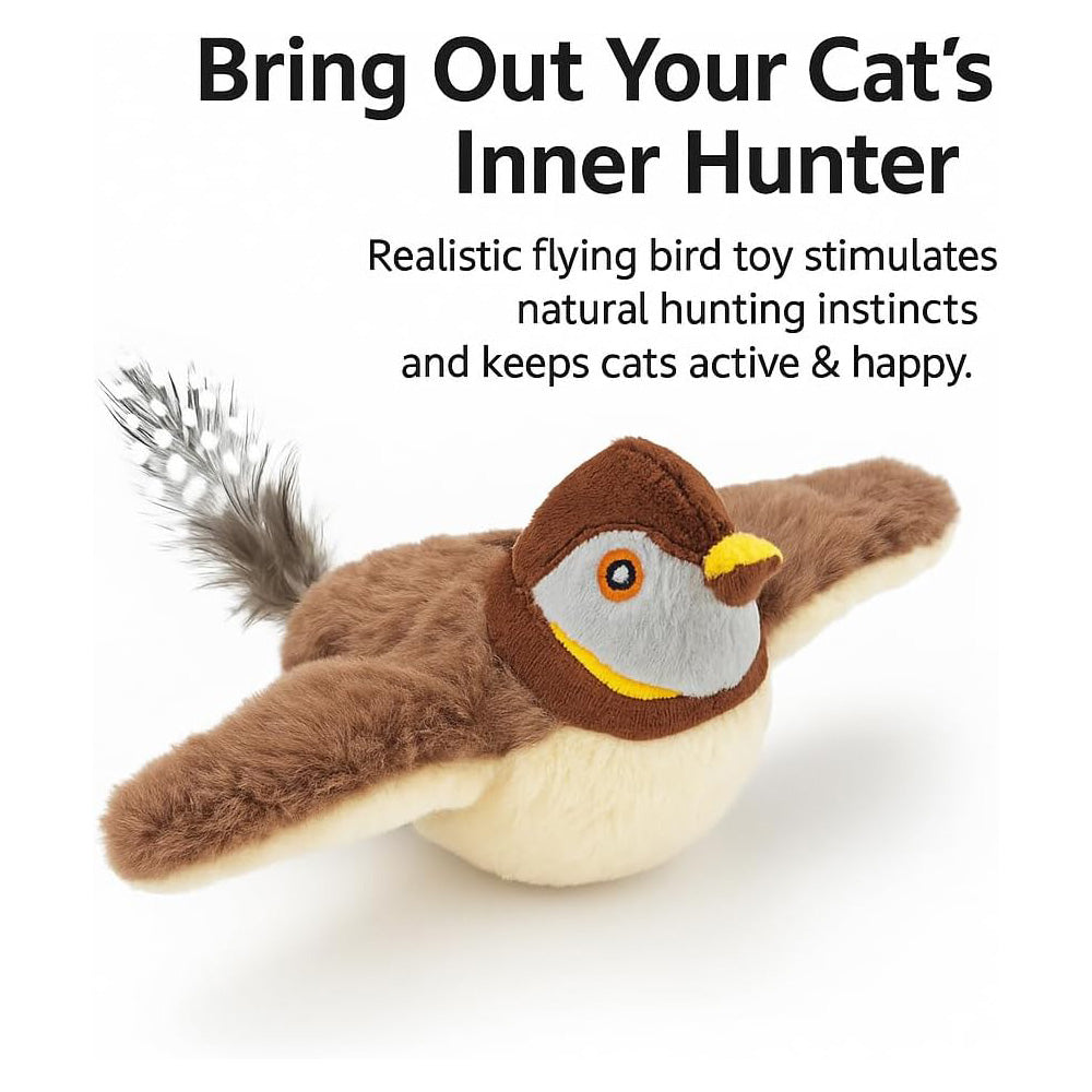 USB Rechargeable Flapping Bird Cat Toy, Realistic Chirping White Faced Sparrow Plush Toy, Motion Activated Electronic In