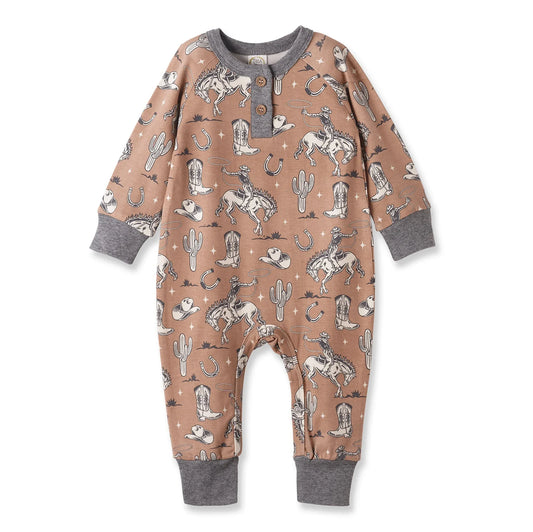 Wild Wrangler/Brown Western Bamboo Henley Romper for Babies - BIG FRENCHIES