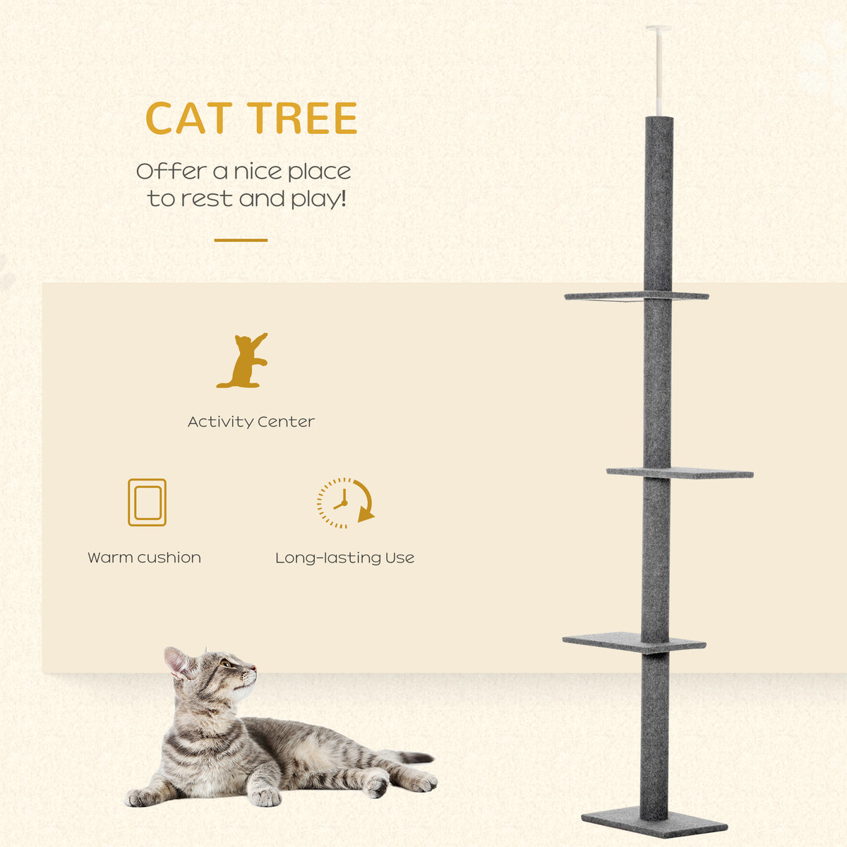 Floor-to-Ceiling Cat Tree Cat Climbing Tower with Sisal-Covered Scratching Posts Natural Cat Activity Center for kittens