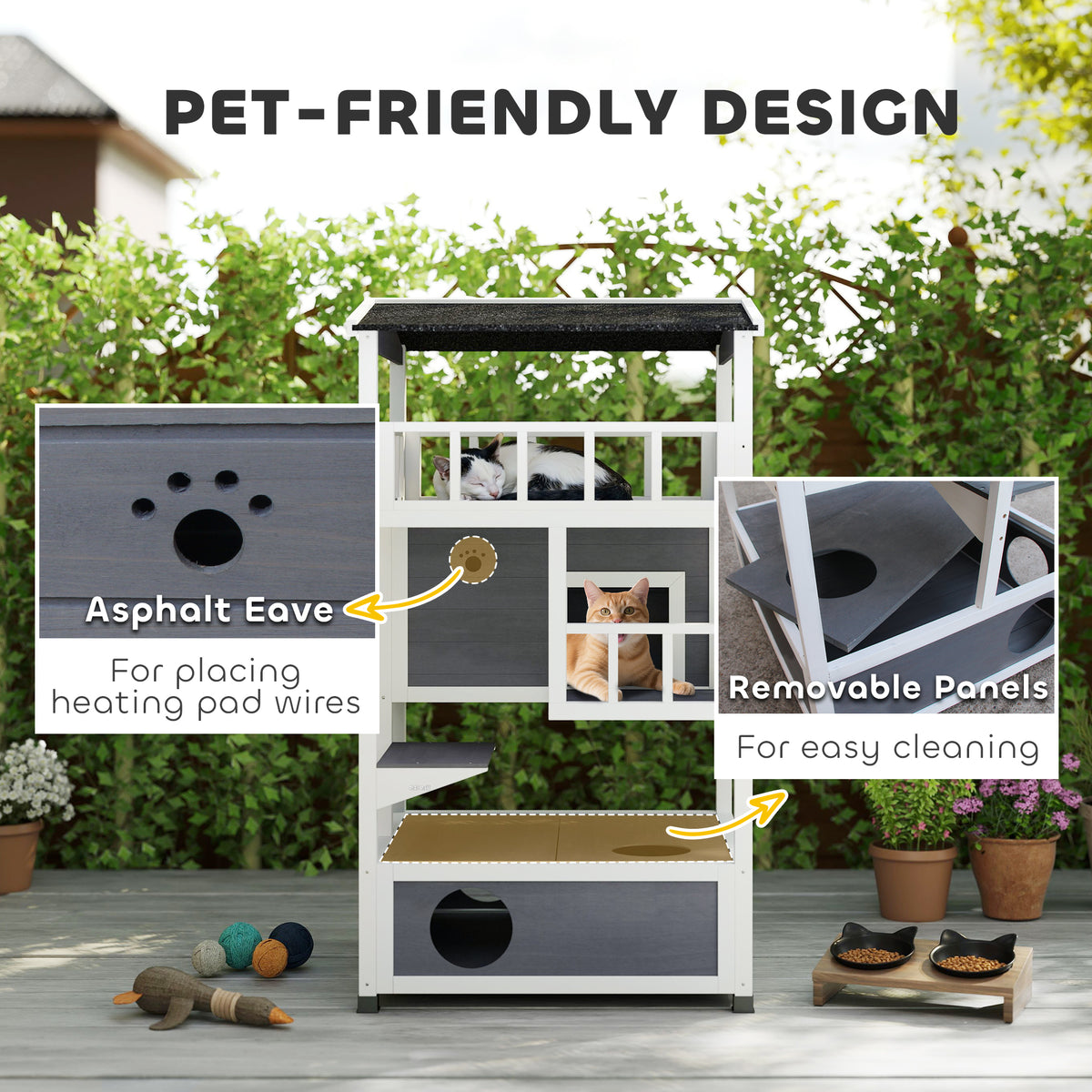 Wooden Outdoor Cat House, Feral Cat Shelter Kitten Condo with Asphalt Roof, Escape Doors, Condo, Jumping Platform, Gray