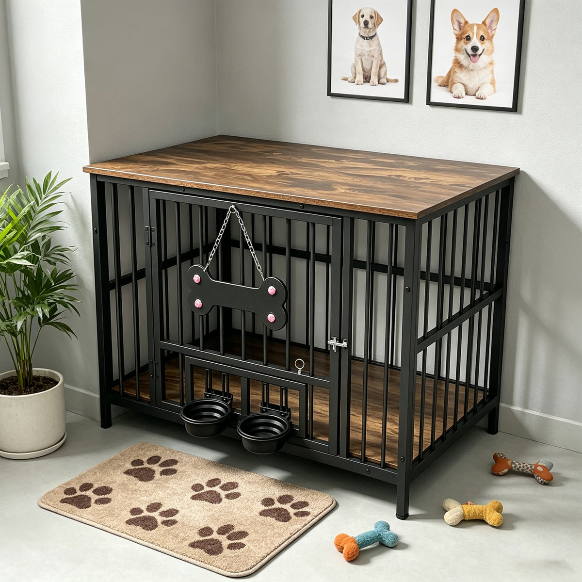 Vintage wood grain dog cage edge,360 degree rotating bowl with safety grade soft silicone material