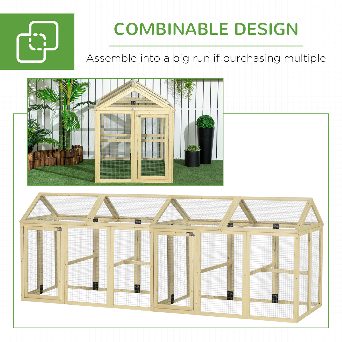 Wooden Chicken Run, Combinable Design with Perches, 4.6 x 2.8, Nature Wood