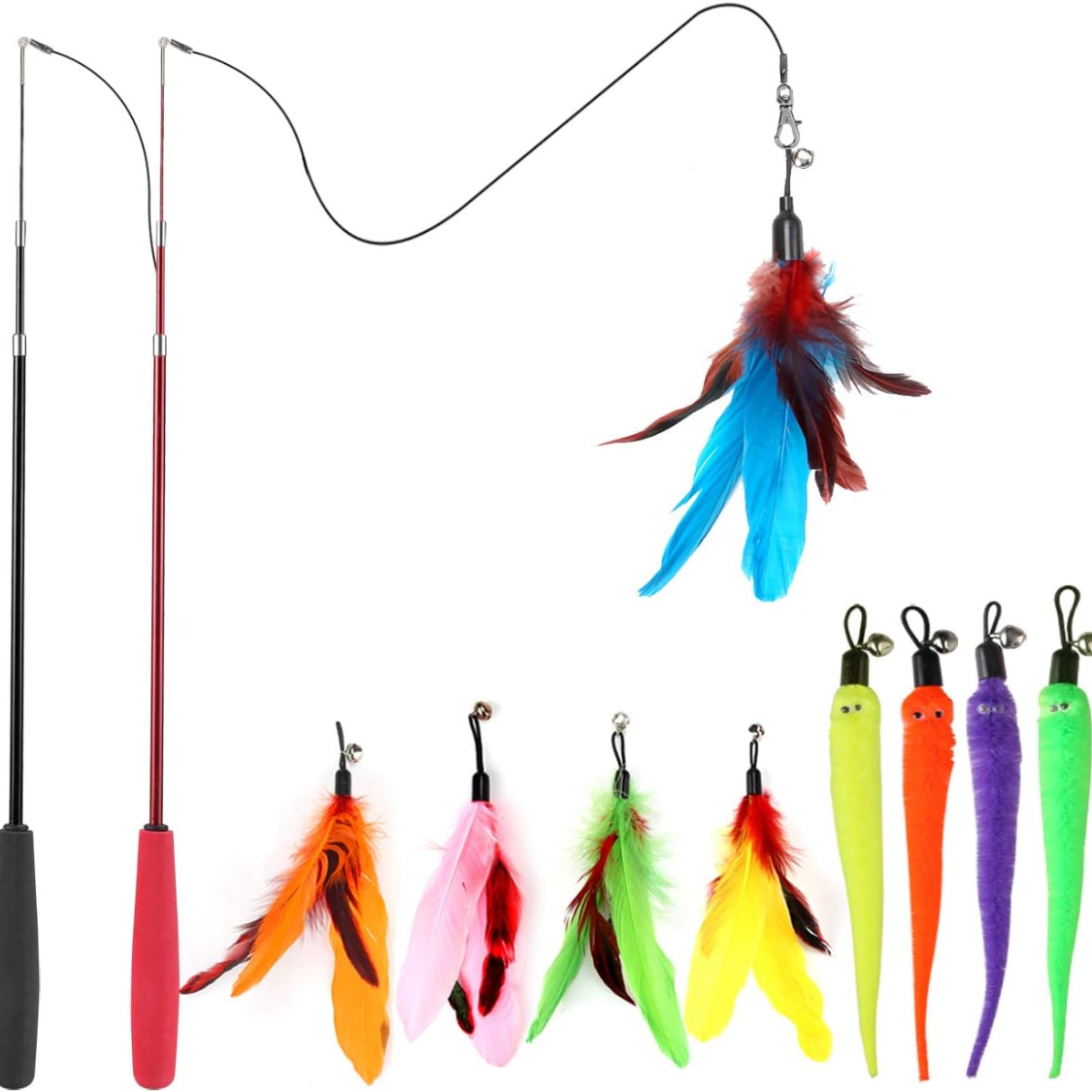 Cat Toys For Indoor Cats, Interactive Cat Toy 2PCS Retractable Wand Toy And 9PCS Cat Feather Toys Refills, Funny Kitten 
