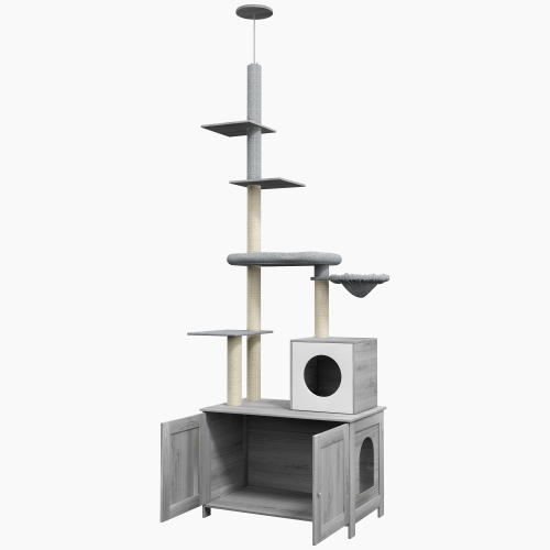 PawHut Cat Tree With Litter Box Enclosure, 2 In 1 Floor To Ceiling Cat Tower Litter Box Furniture With Condo, Bed, Hammo