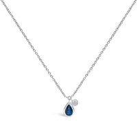 14K White Gold 6x4mm Pear Blue Sapphire and Diamond Accent Charm Pendant Necklace - 18" Inches