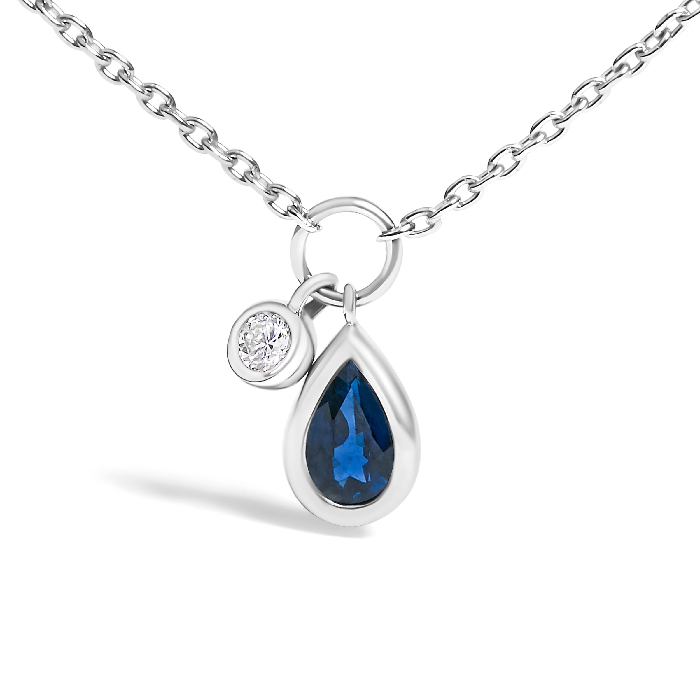 10K White Gold 6x4 mm Pear Blue Sapphire and Diamond  Accent Charm Pendant Necklace - 18" Inches