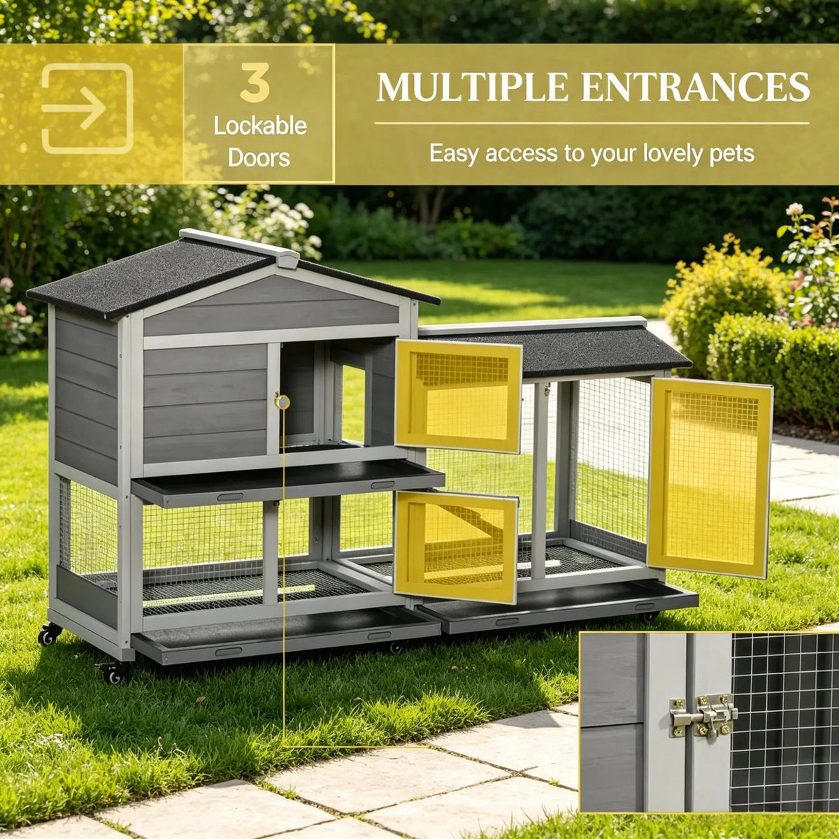 62 Inch Indoor Outdoor Wooden Rabbit Hutch with Wheels Run Box Slide-out Tray and Ramp