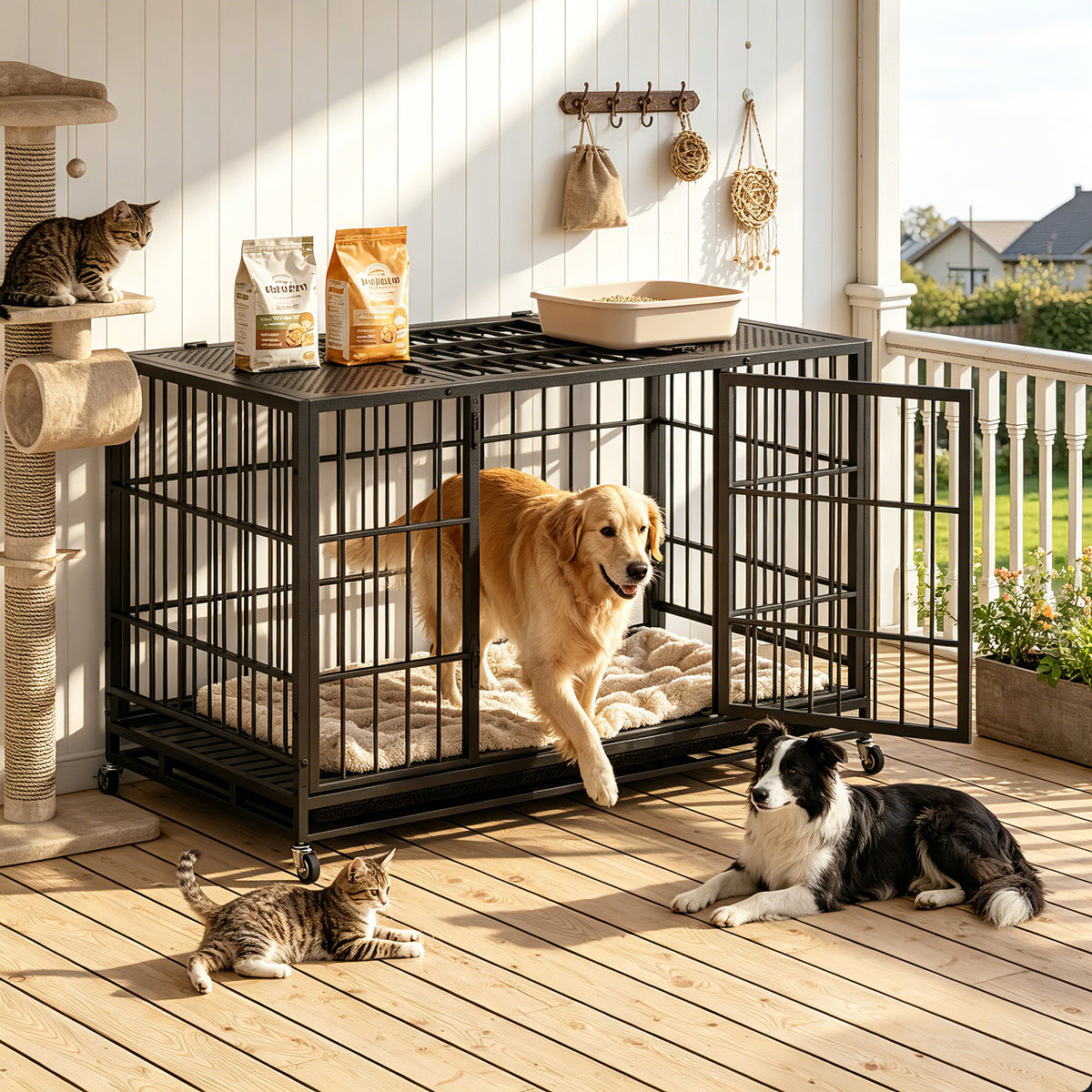 Heavy Duty Dog Crate , Mobile Pet Kennel with Lockable Wheels & Rotary Twist-Latch, Indoor Outdoor Metal Cage with Perfo