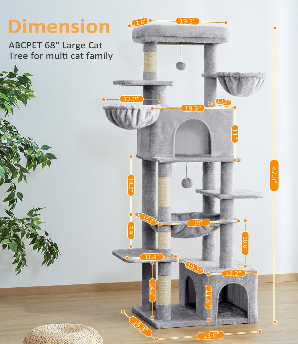ABCPET Large Cat Tree, Cat Tower, Multi-Tier, Indoor Cat, Sisal Scratching Post, Widened Cat Perching Post, Square Hammo