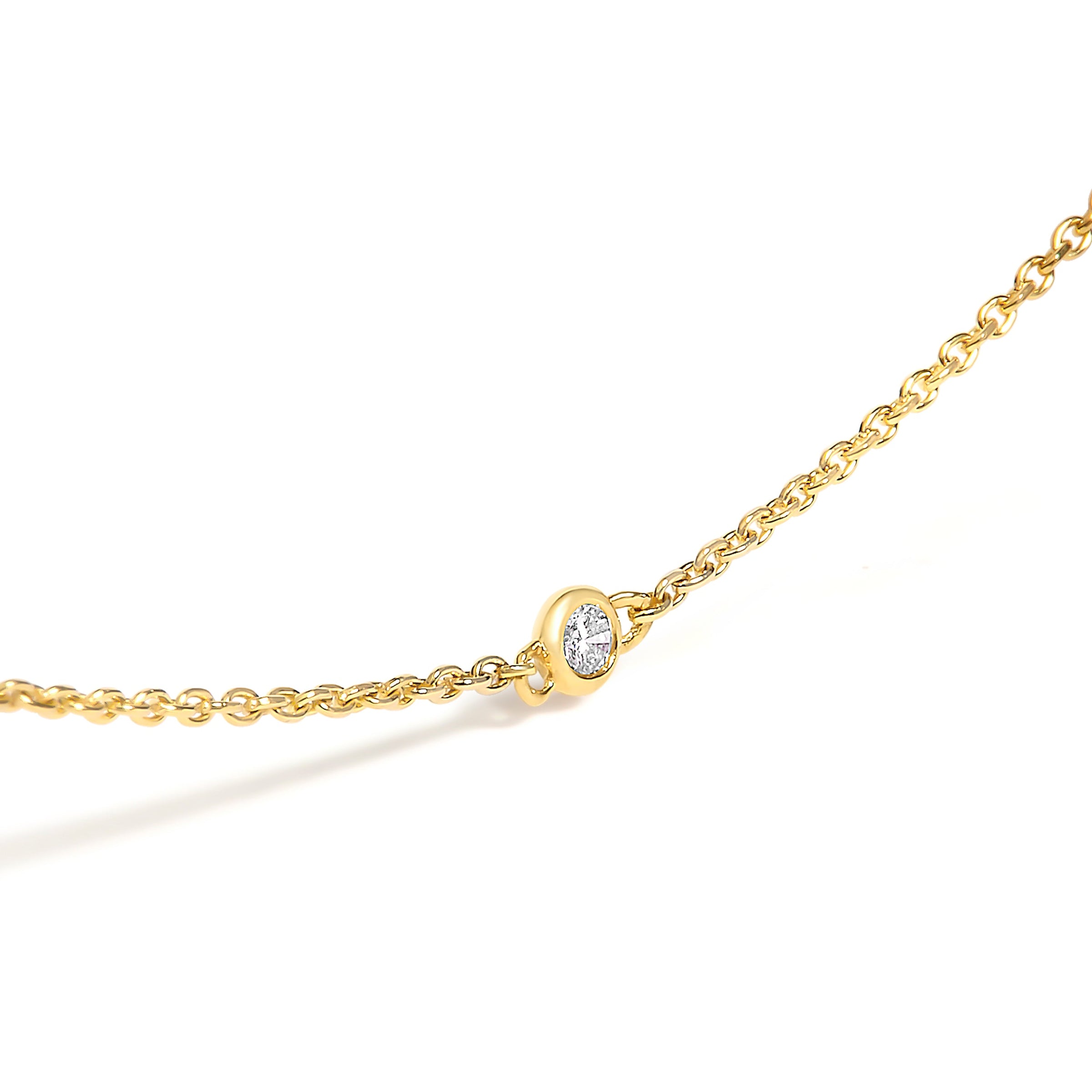 14K Yellow Gold Bezel Set Alternating Green Emerald and Diamond Station Necklace - 18" Inches