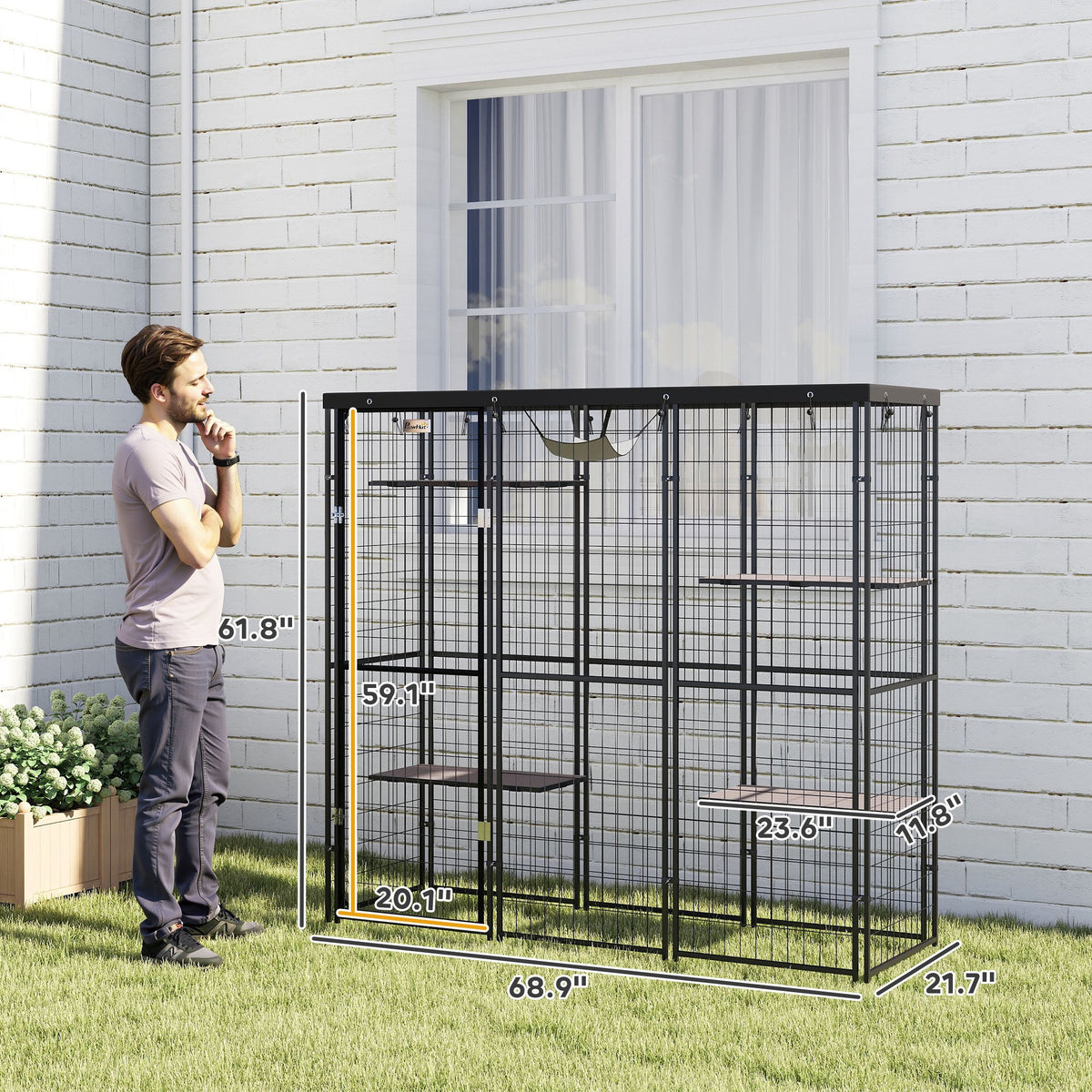 Weld Wire Catio Outdoor Indoor with Waterproof Cover, 4 Jumping Platforms, Hammock, for 1-3 Kittens, 69" x 22" x 62"