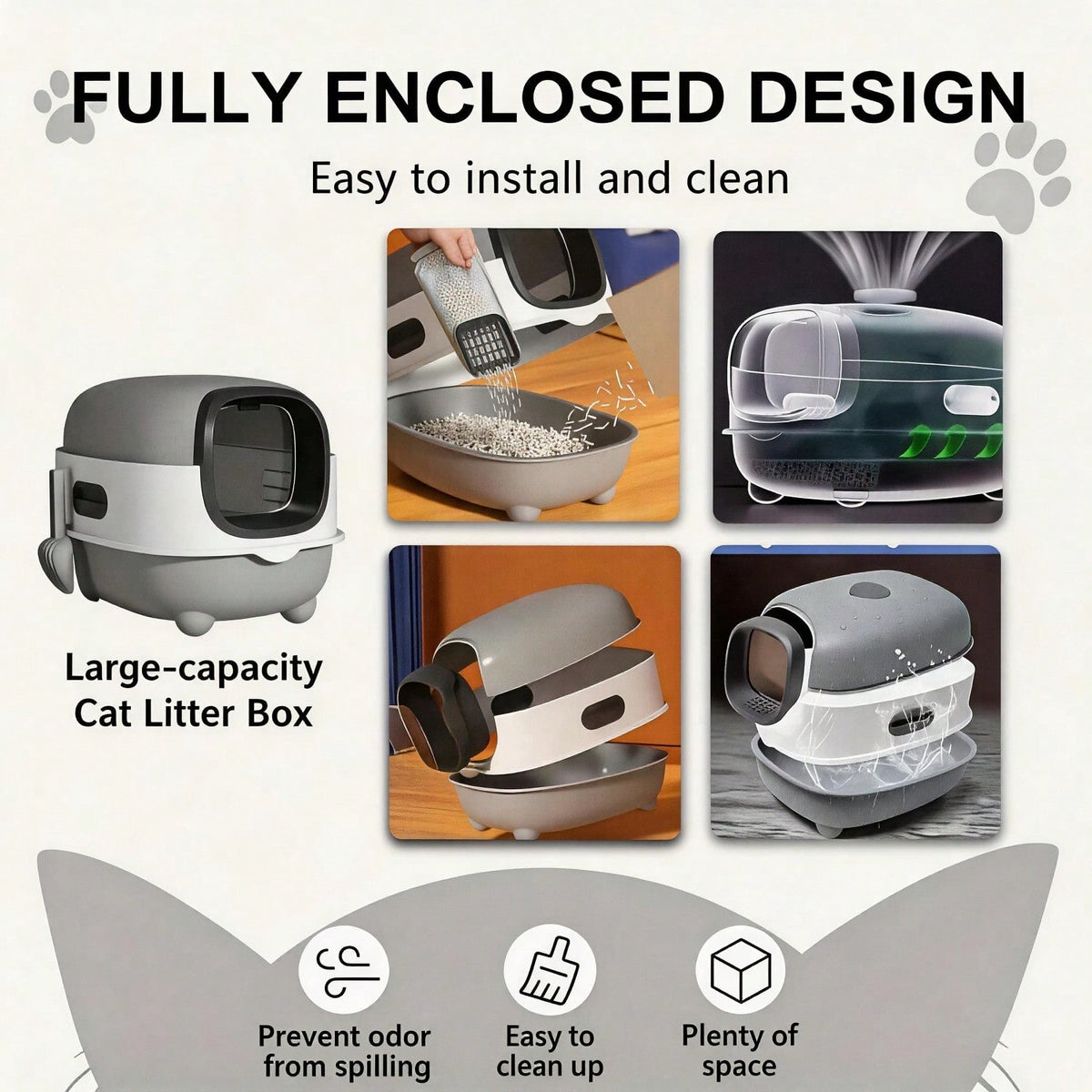 Fully Enclosed Cat Litter Box With UV Sterilization Odor Control, Large 56cm Space For Big Cats, Easy Clean 180 Flip Top
