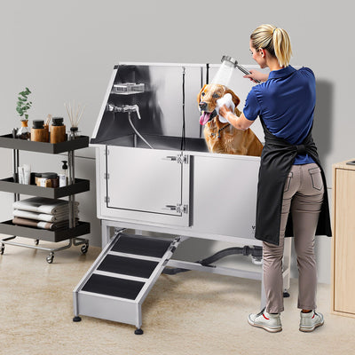 50" Professional Dog Grooming Bath Tub – Stainless Steel Pet Washing Station with Non-Slip Left Ramp, Faucet & Water Filter