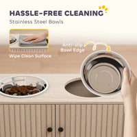 Elevated Dog Bowls with Storage Cabinet, 2 Stainless Steel Bowls, Slow Feeder, Dog Feeding Station for Large Dogs, Oak