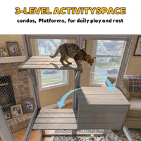 Gray Wooden Catio Pet Enclosure with Waterproof Top, Spacious and Secure Cat House & Small Animal Cage,2 Napping Boxes