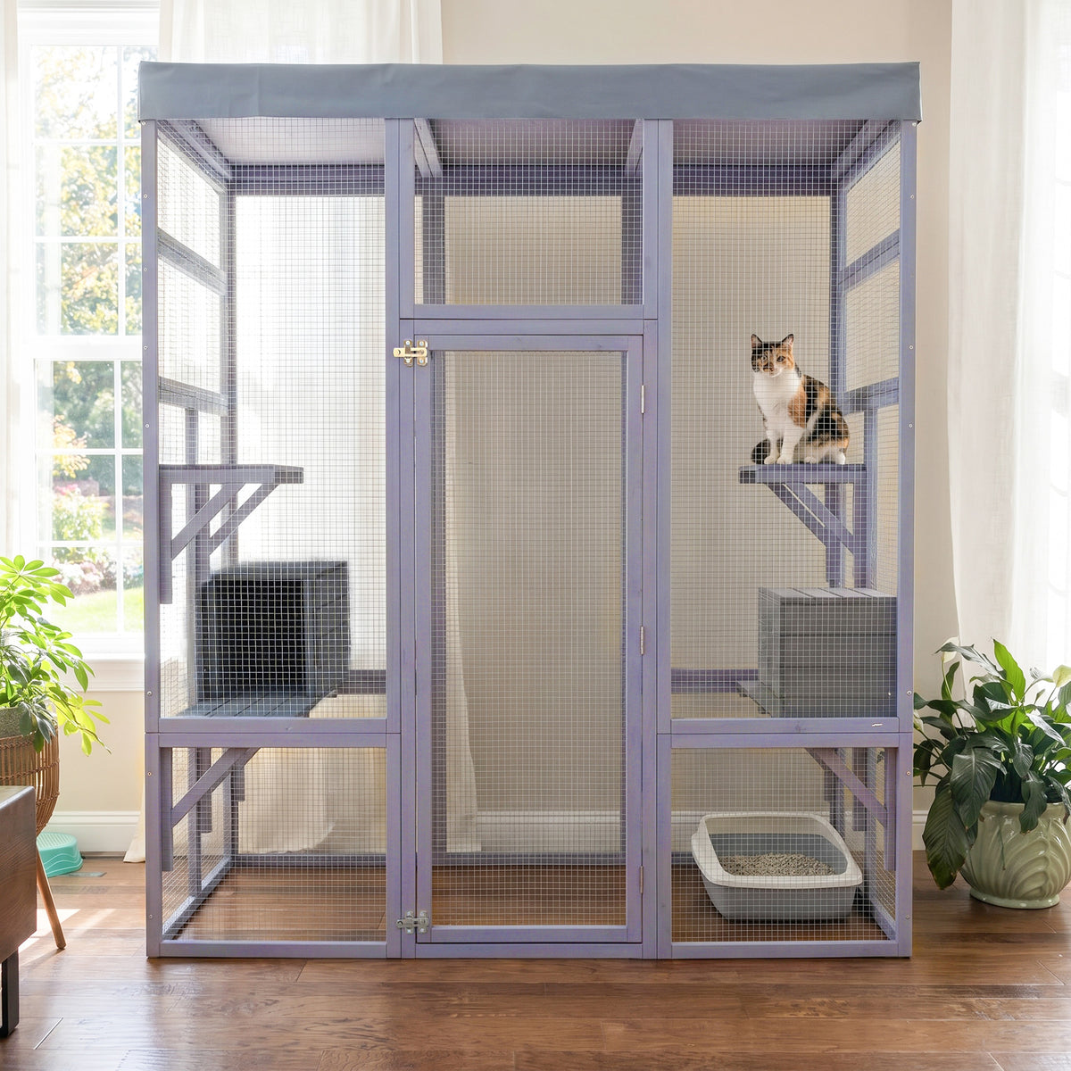 62.6" Wooden Outdoor Catio for Cats, Large Cat Enclosure with Waterproof Roof, 2 Napping House, Platforms & Galvanized W