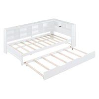 Wooden Twin Size DayBed with Twin Trundle, DayBed with Storage Shelf and USB Charging Ports,White