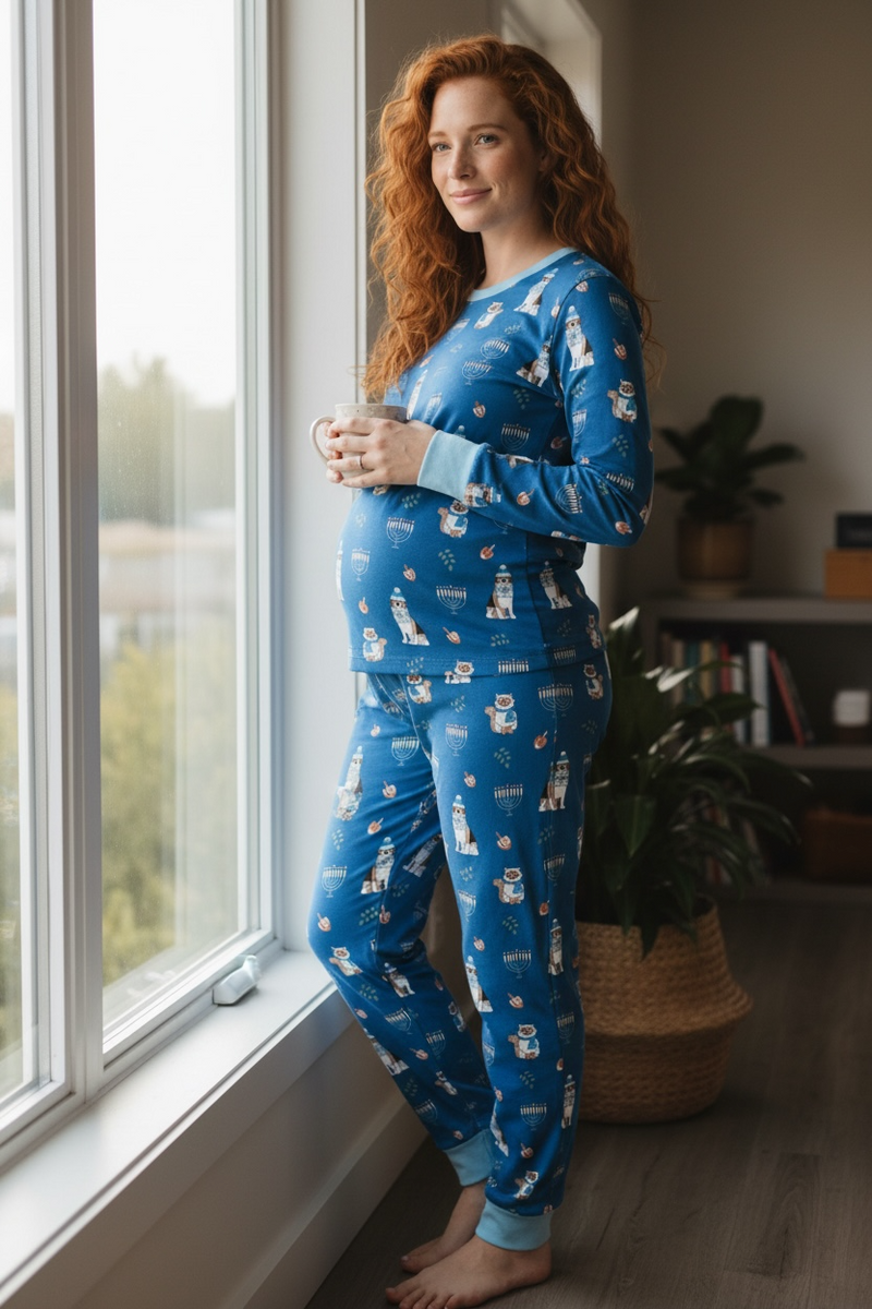 Hanukkah Pets (Women's Long Sleeve PJ) - Blue - BIG FRENCHIES