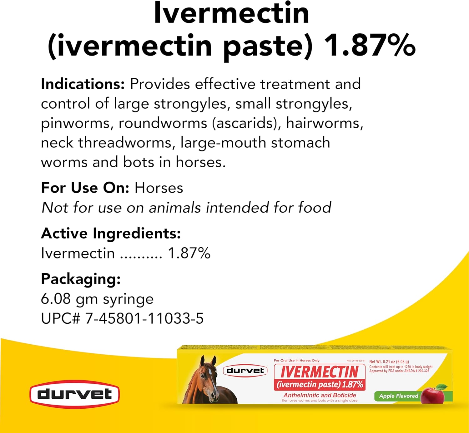 Durvet Ivermectin Horse Wormer Apple Flavor Broad Spectrum Equine Dewormer 4PCK
